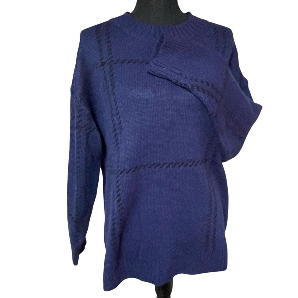 Dark Navy and Black Large Check Patterned Pullover Sweater